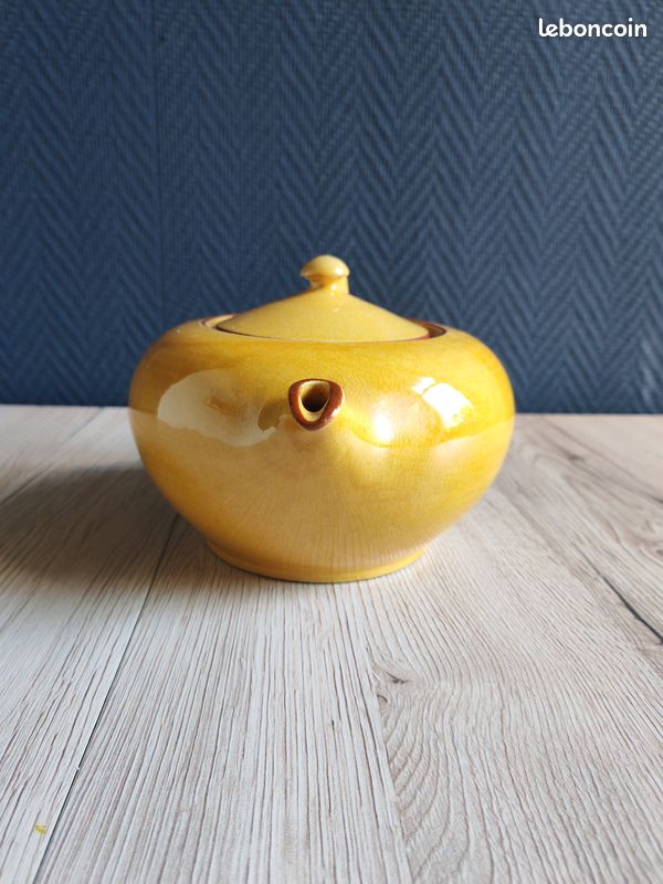 Théière Moutarde Vintage en Céramique Émaillée | Petite Théière Jaune Craquelée Style Campagne Arcopal Digoin | Déco Cuisine Rétro (image 4)