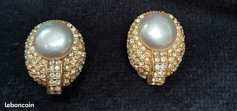 Boucles D'oreilles Clip Vintage – Strass Et Perles – Bijou Ancien Fait Main