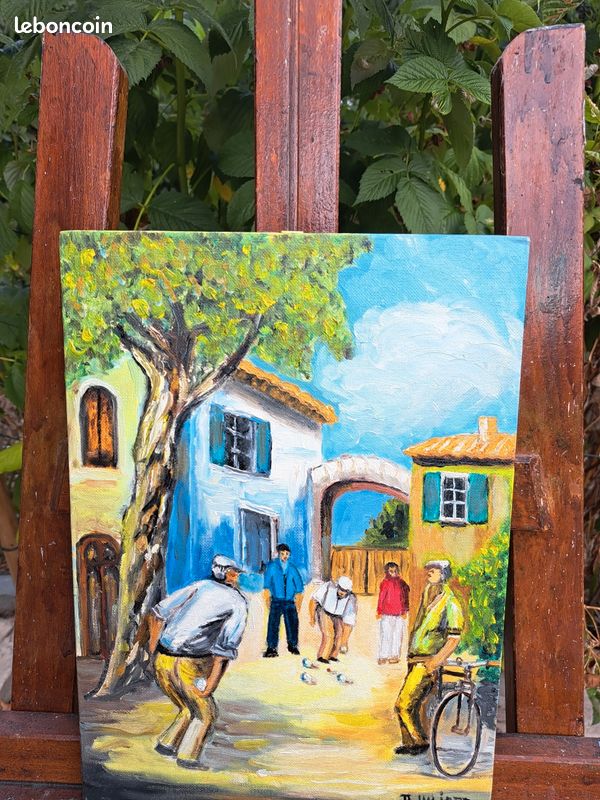 Peinture a l huile joueurs de boules 24 x 33 (image 5)