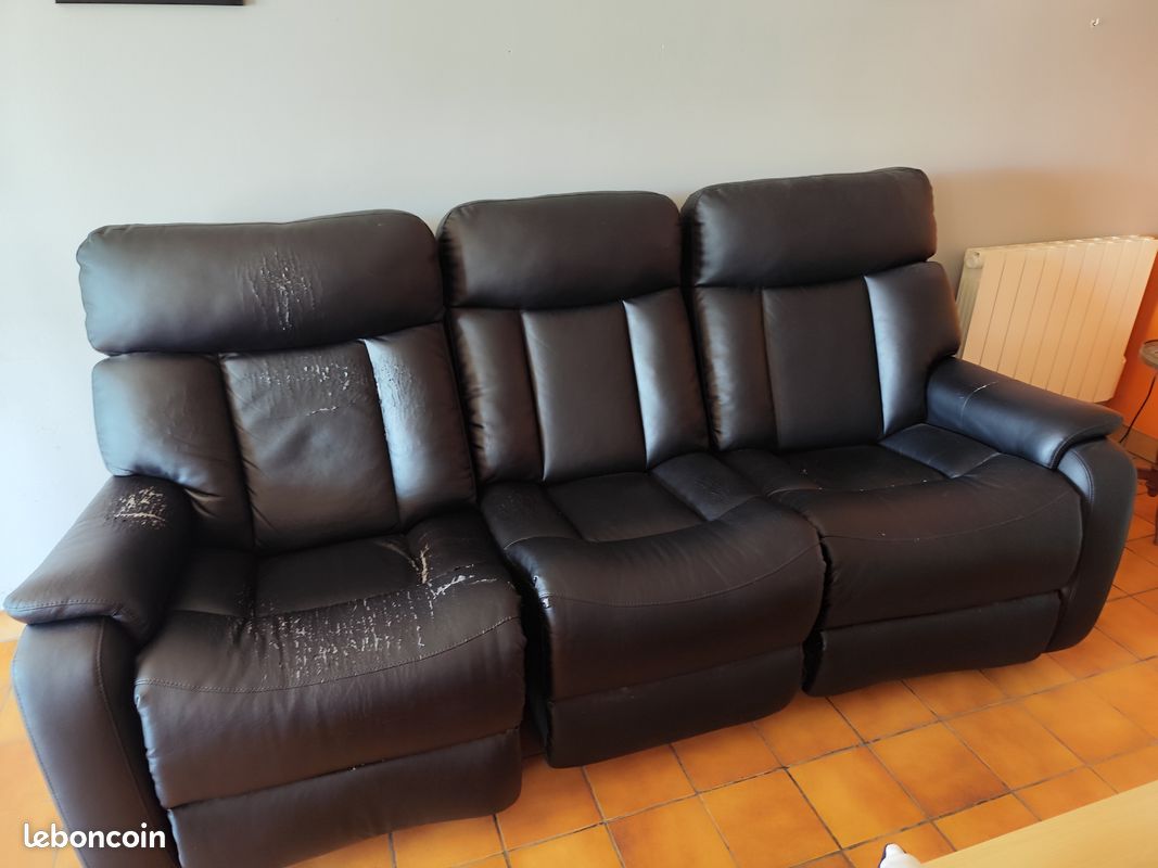 Canapé/fauteuils 3 places en cuir noir avec fauteuils relax (image 1)