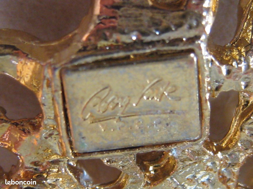 Broche Feuille En Métal Argenté Signée Avec Perle - Style Vintage Doré - Occasion