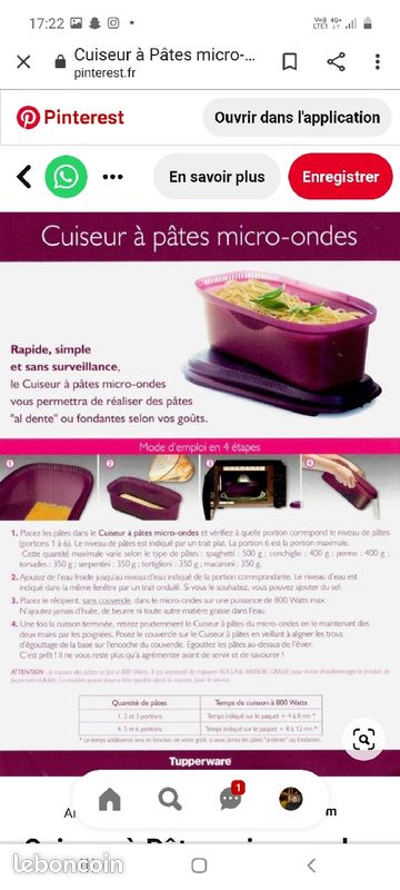 Tupperware - cuiseur à pates micro ondes - neuf et jamais servi (image 4)
