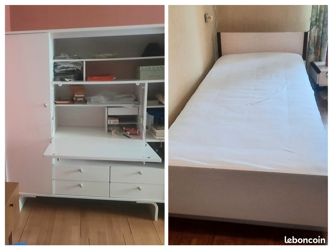 Très belle chambre d'enfant de la marque française GAUTIER : 2 lits, une armoire bureau et une table de nuit style vintage (image 1)