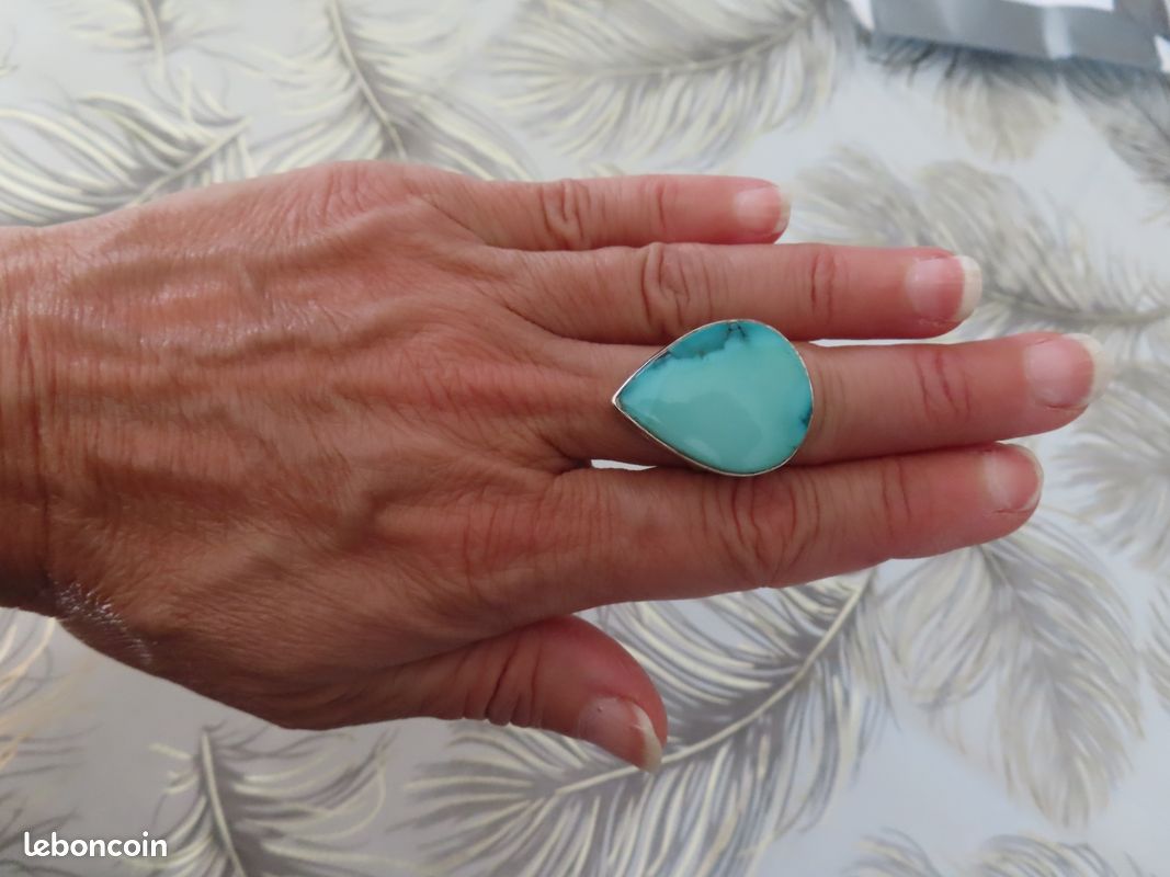 Bague Argent Massif 925 Avec Pierre Turquoise - Faite Main, Forme Ronde, Création Indienne, Neuve