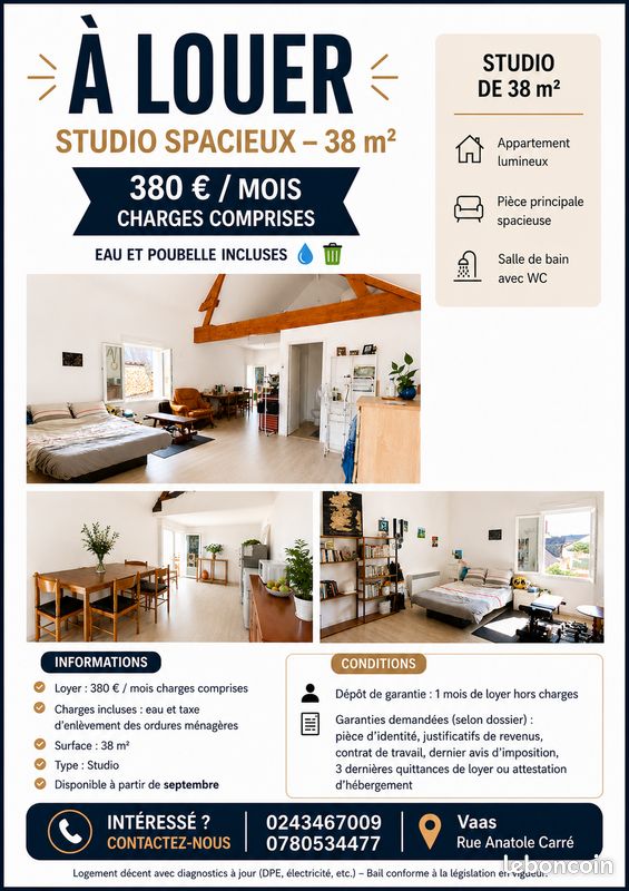 Appartement 1 pièce 38 m² · à Vaas · 38 m² · 380 €