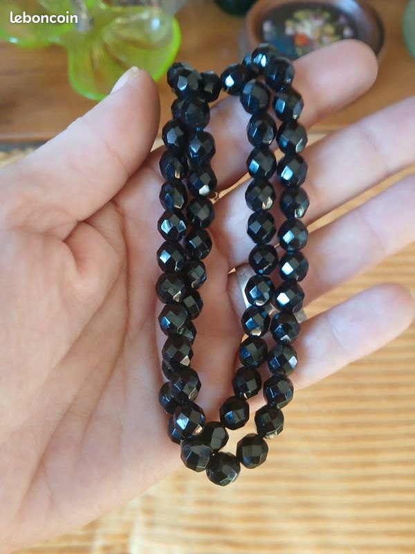 Collier Ancien En Perles De Jais Noir - Bijou Vintage - Occasion