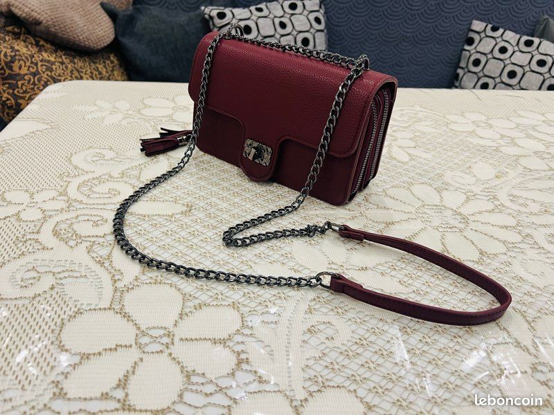ENZARI Petit Sac à Main Cuir Prune Double Zips Porté Main BE