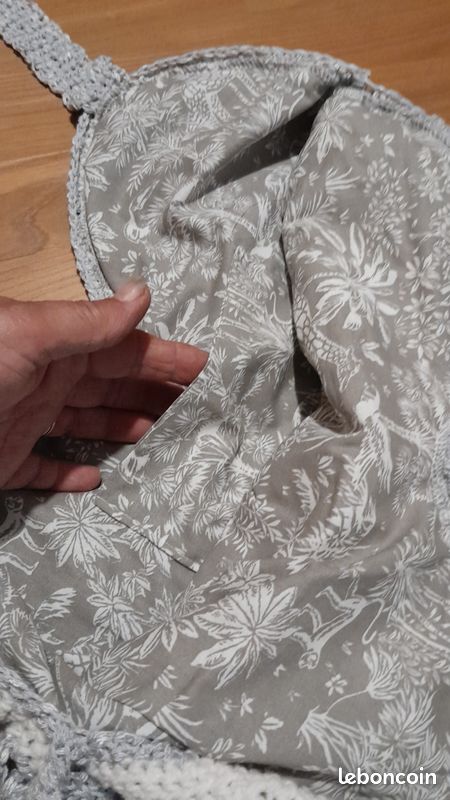 Grand Sac plage besace fait main au crochet gris blanc (image 4)
