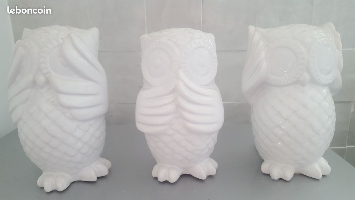 Lot de 3 Hiboux de la Sagesse en céramique blanche (image 1)