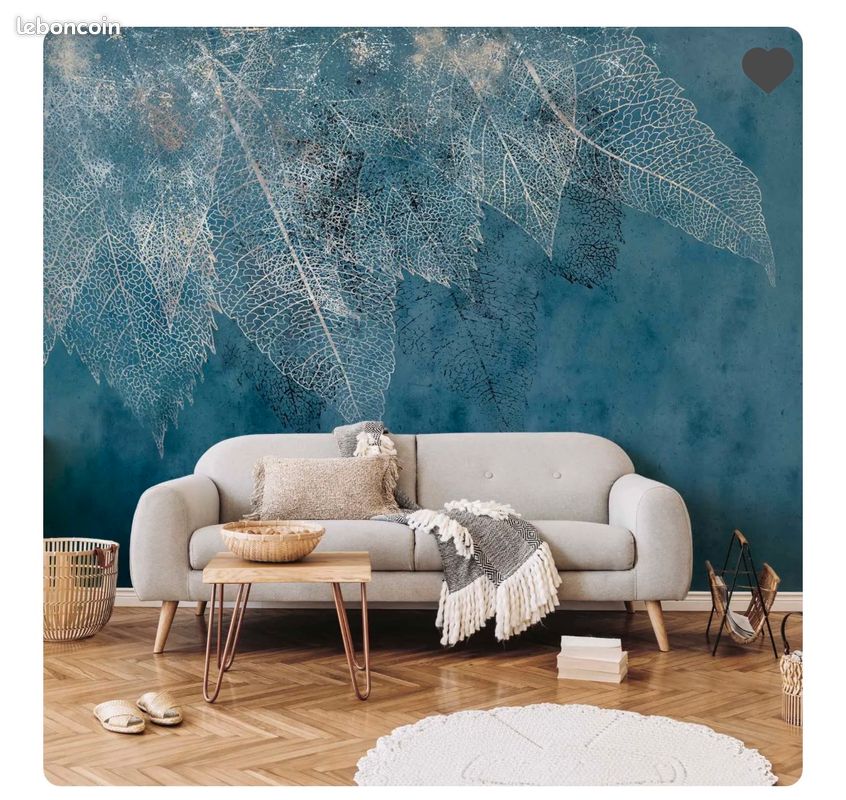 Papier peint panoramique feuilles sur fond bleu sombre (image 1)