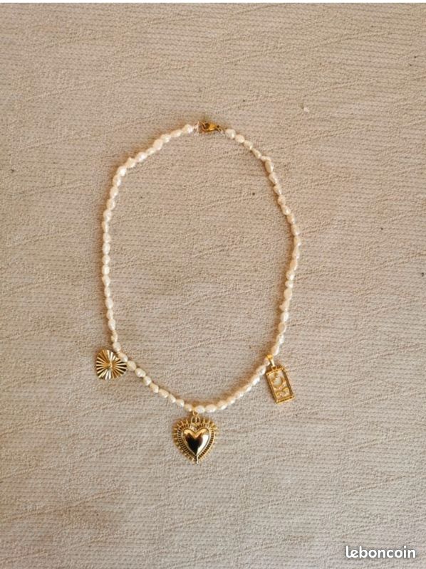 Collier perles de culture "grain de riz" neuf pampilles cœur carte tarot lune strass ex voto milagros acier doré creation (image 10)