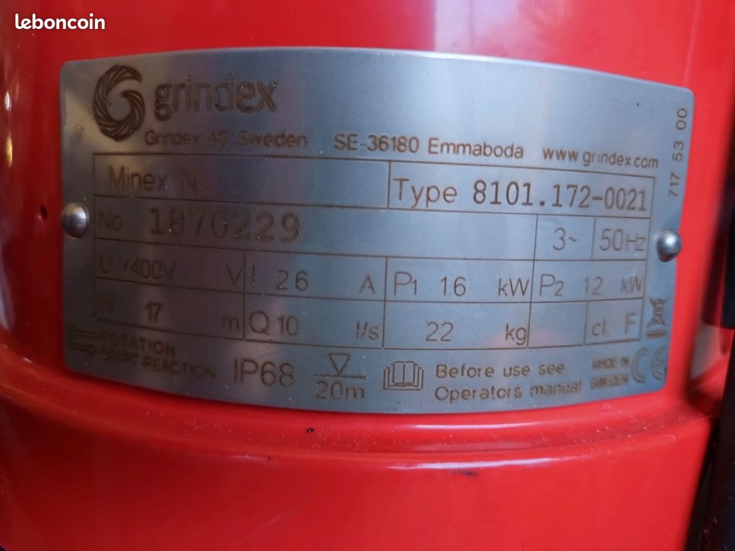 Pompe D'assèchement Grindex Minex 1,5 Kw - 110 Volts - Occasion En état De Fonctionnement