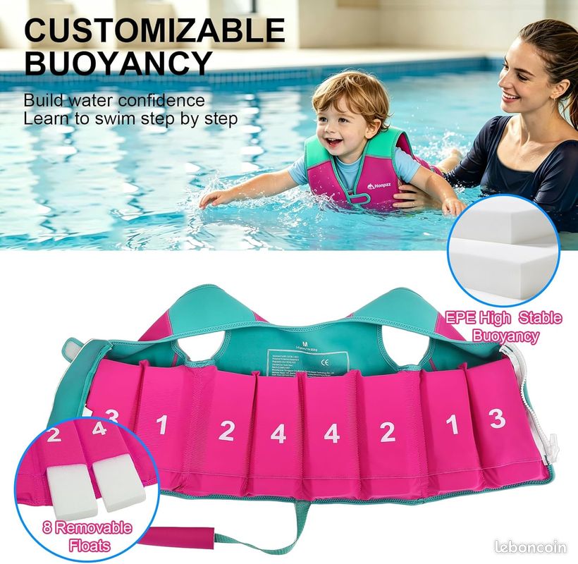 Gilet De Natation Enfant 3-8 Ans - Flottant Avec Bretelles De Sécurité, Mousse EPE, Néoprène, Fermeture Rapide - Filles Et Garçons