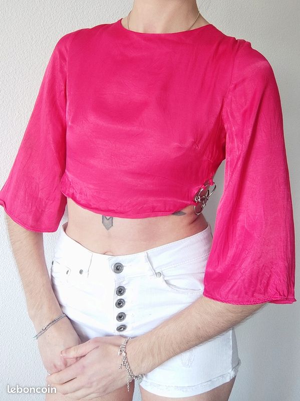Crop-top dos nu manche ample 3/4 fuchsia Zara 36/S Vêtements