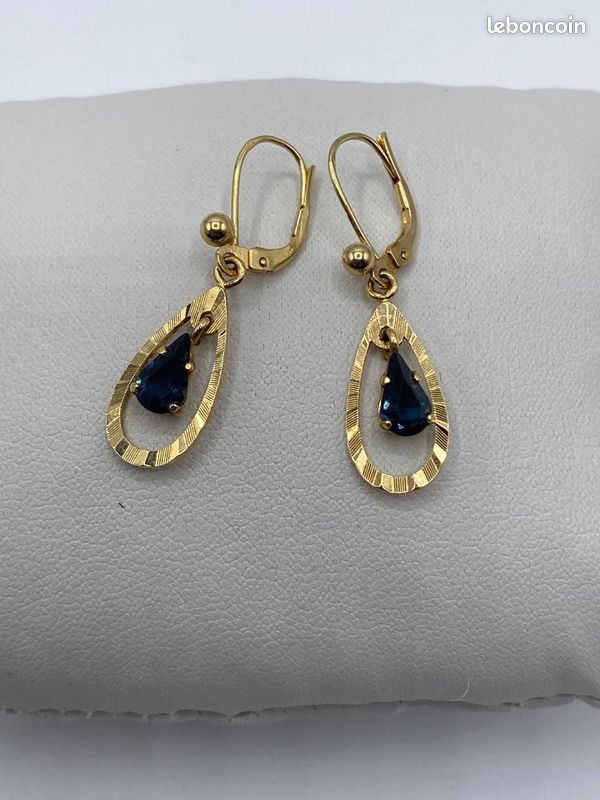 Boucles D'oreilles Clips En Plaqué Or Avec Pierre Bleue - Occasion, Style Puces, Bijou Fantaisie