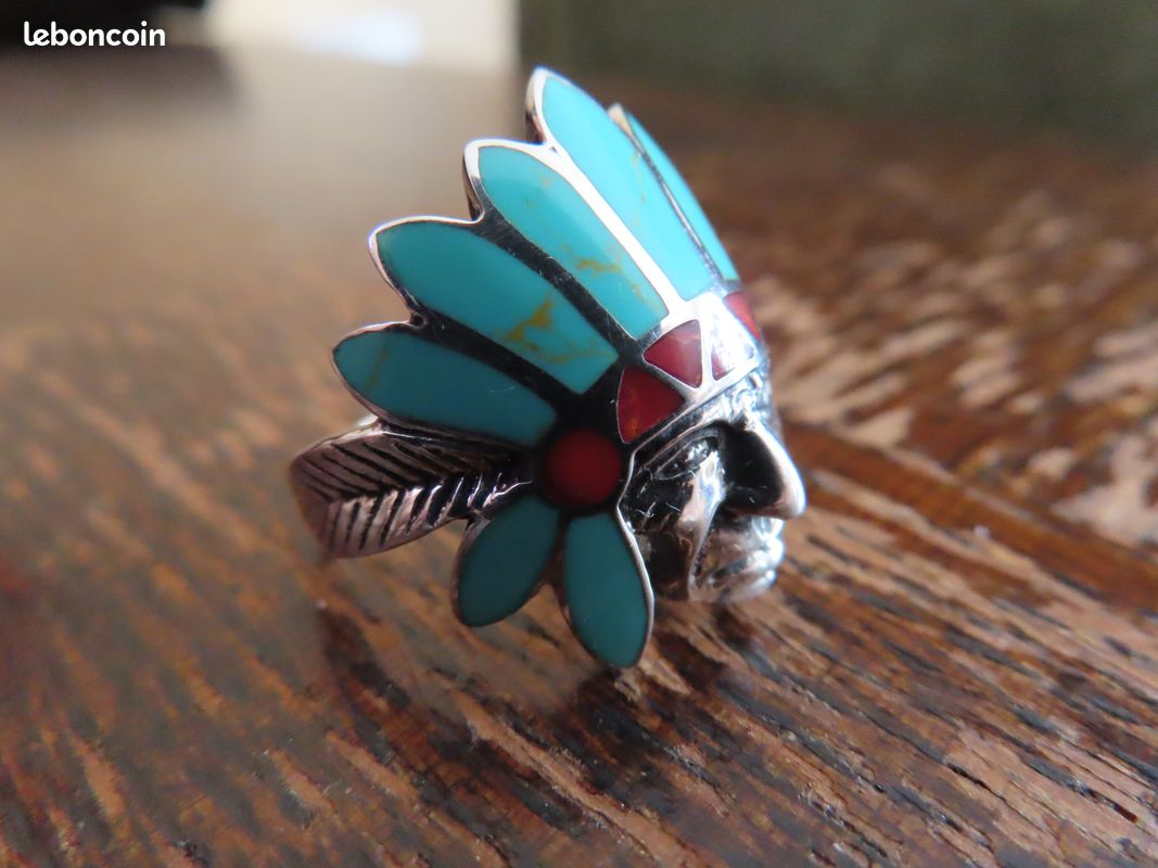 Bague En Argent 925 Avec Turquoise Et Tête D'aigle - Taille 19,5 Mm - Imposante - Occasion