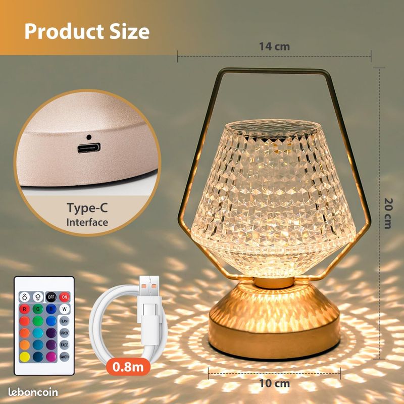 Lampe De Table En Cristal Rvb-16 Couleurs 4 Modes Lampes En Diamant