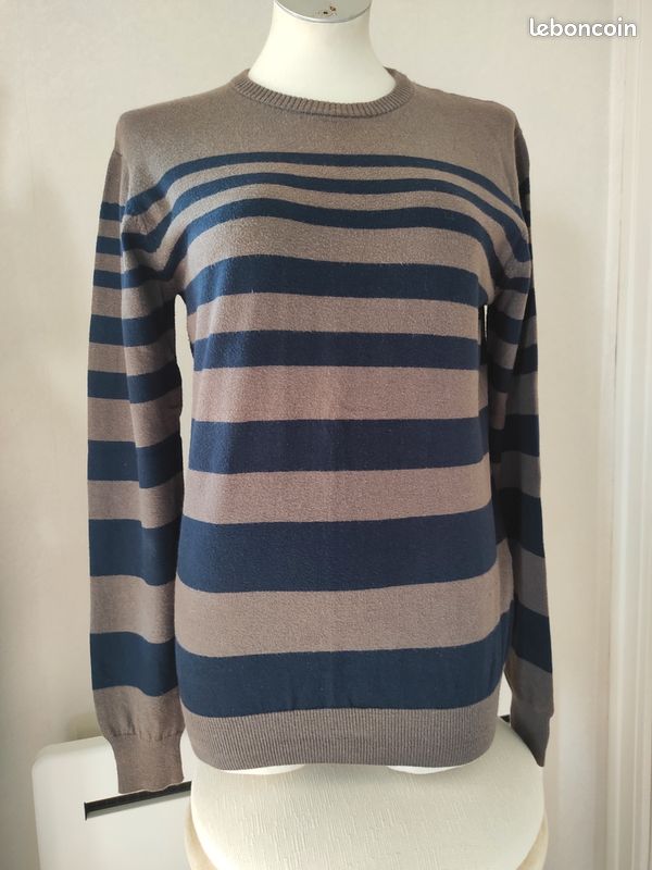 Pull Burton of London homme marron rayé bleu marine taille S