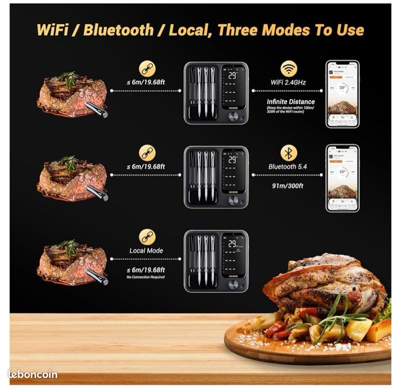 Thermomètre sans fil Bluetooth pour BBQ, pour la c... - Grandado