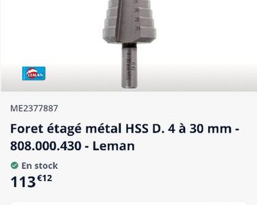 Foret étagé métal HSS D. 4 à 30 mm - 808.000.430 - Leman - Équipement  caravaning