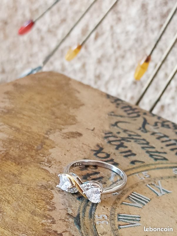 Bague En Argent Massif Large - Motif Duo De Fleurs Bicolores - Taille 52/53 - Occasion