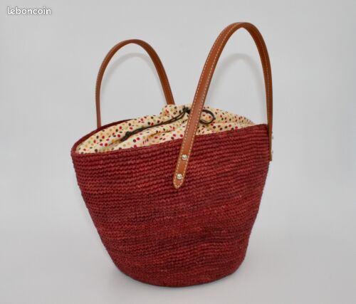 Sac bordeaux en raphia SOL'EOLE neuf doublure en tissu, fermeture cordons de serrage (image 3)
