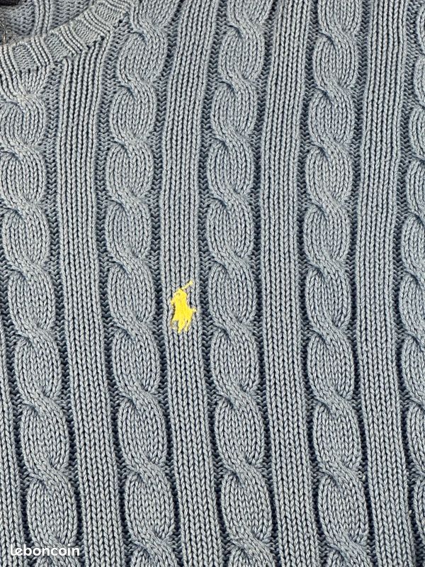 Pull Ralph Lauren Sport bleu maille torsadée logo jaune femme L 0508 (image 3)