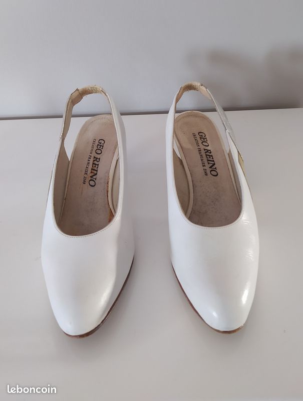 GEO REINO - Escarpins Blanc/argent/doré en cuir à talon et bride arrière pour mariage ou autres occasions - Pointure 38 (image 1)