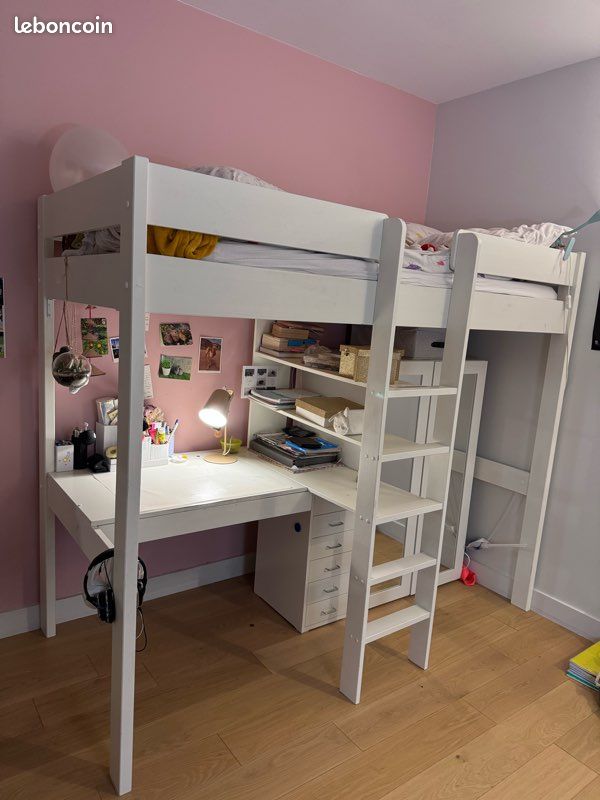 Lit mezzanine avec bureau (+ armoire avec miroir + meuble rangement sous le bureau) (image 2)