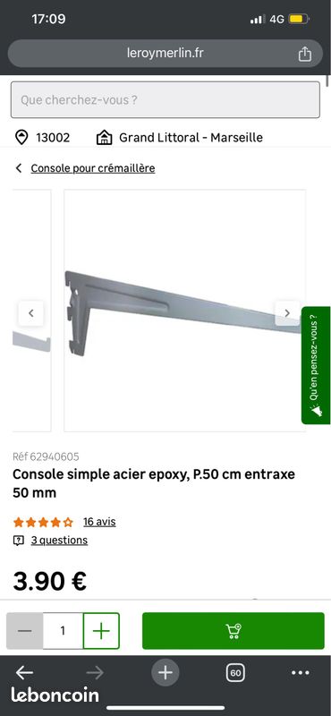 Console simple acier epoxy, P.50 cm entraxe 50 mm (image 1)
