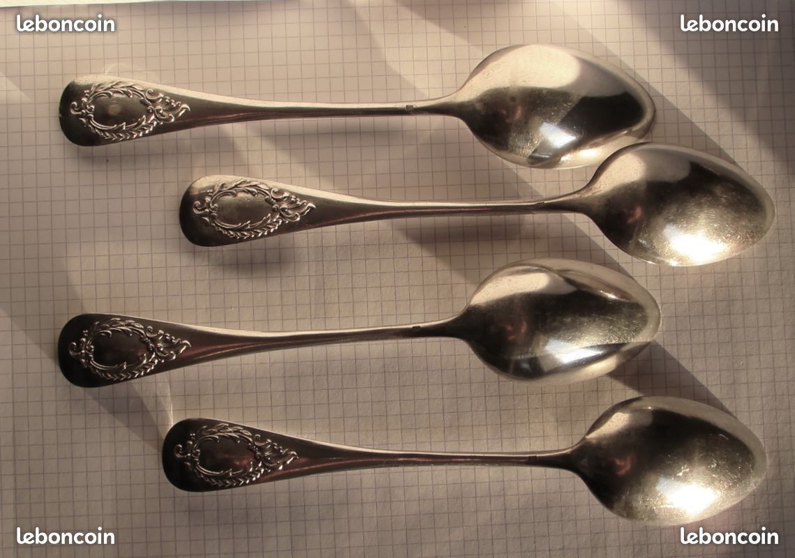 Lot De 4 Cuillères à Soupe Argentées, Métal, 21 Cm, Vintage