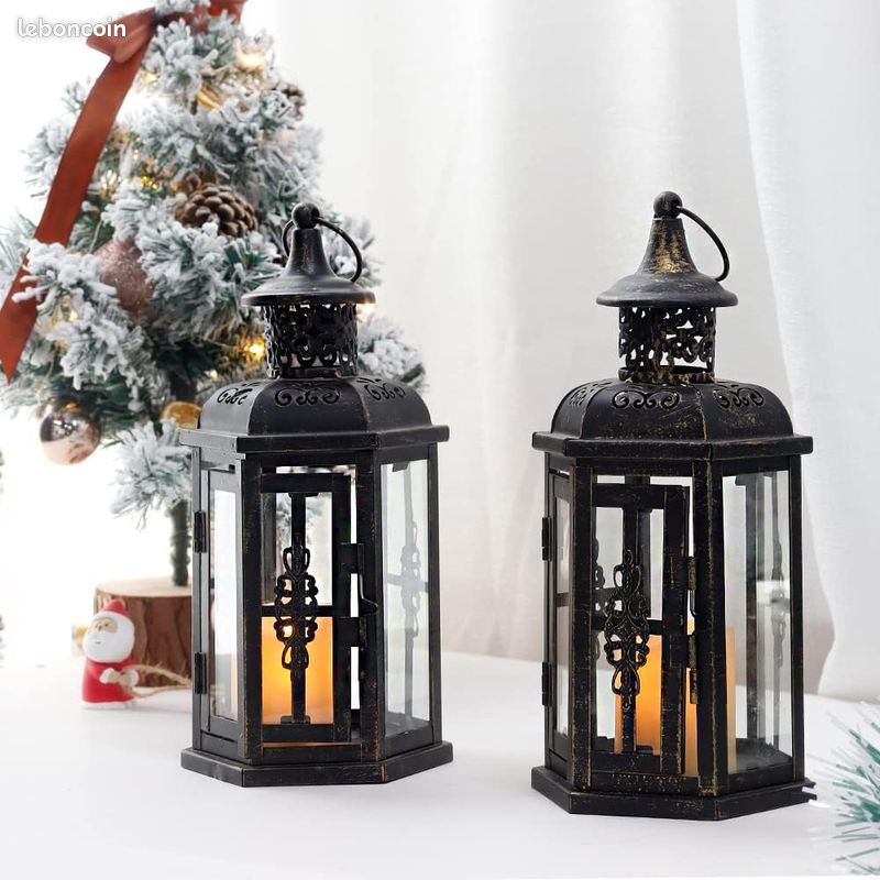 JHY DESIGN Set de 2 lanternes décoratives-25cm Haute Lanterne Suspendue de Style Vintage, bougeoir en métal pour intérieur extérieur, événements, fêtes et Mariages (Noir avec Pinceau doré) (image 4)