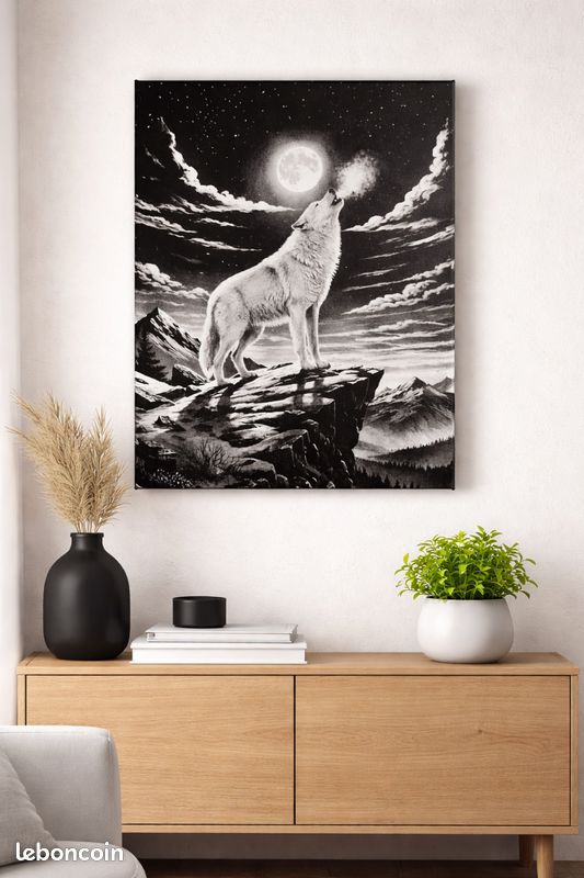 Tableau Sur Toile Loup Blanc Sur Le Rocher - 100x50cm, Style Moderne, Marque Tulup, Neuf