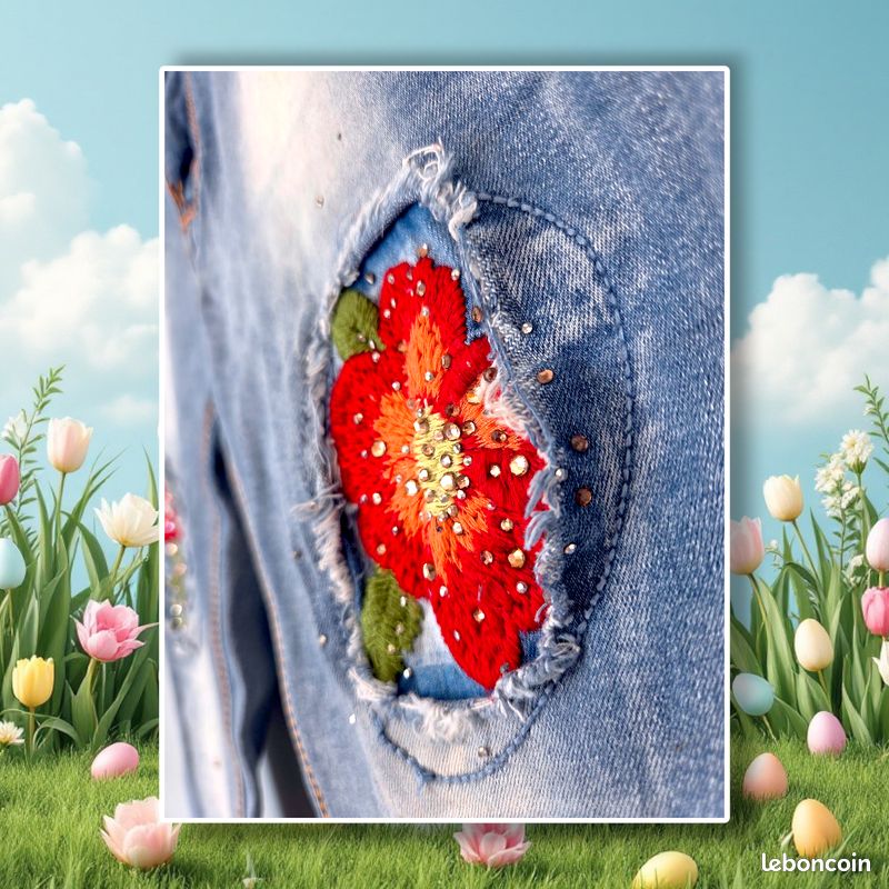 Jean Denim Bleu Femme Taille 46/48 - Style Cargo Avec Strass, Clous Et Broderie Tendance