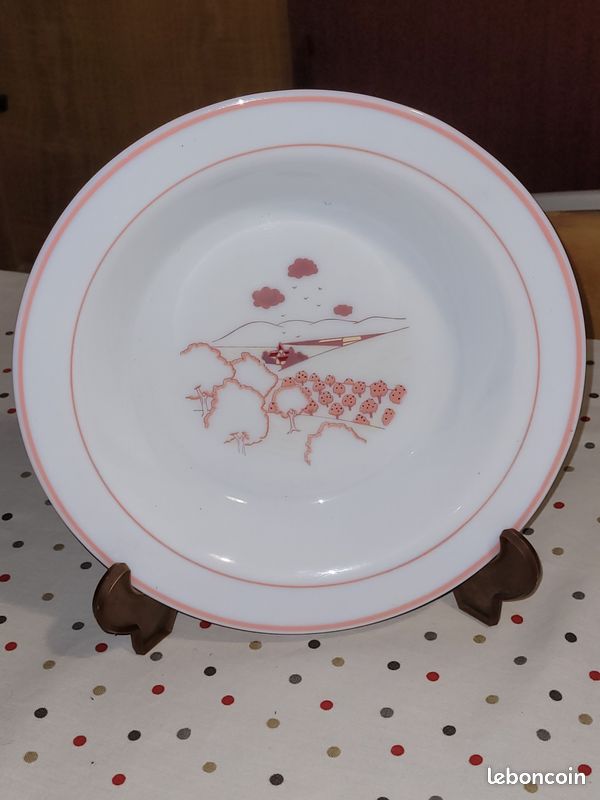 Lot De 2 Assiettes Creuses Vintage Arcopal – Motif Champêtre Rose, Verre Opale, Années 80