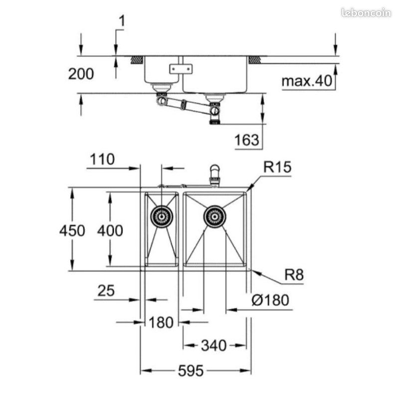 Évier sous plan inox 2 bacs 59x45 GROHE - NEUF jamais installé (image 3)