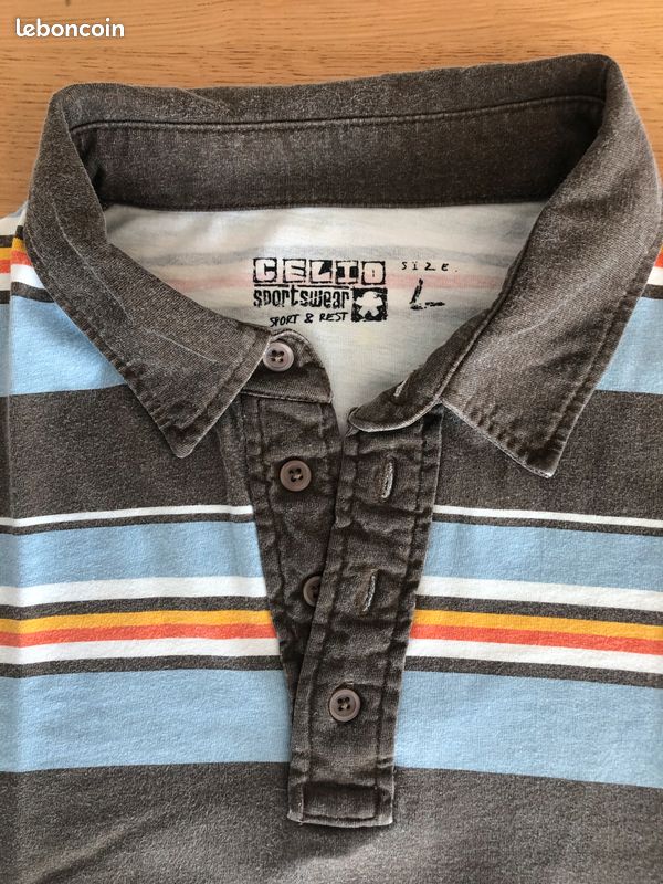 Polo Homme taille L à manches courtes Célio* à rayures chocolat / bleu ciel / orange (image 3)