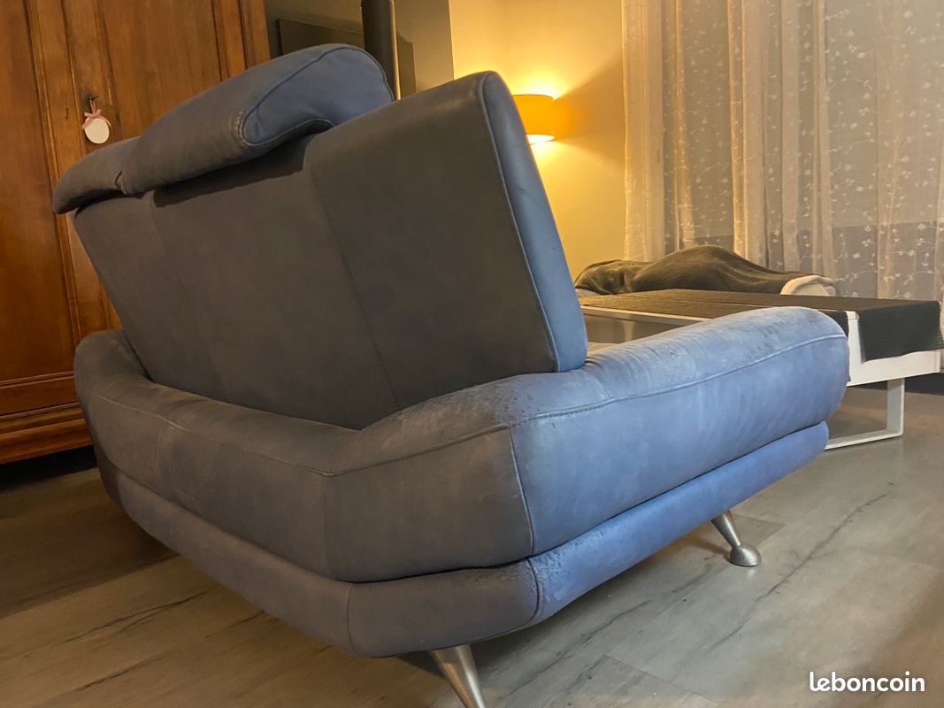 Canapé et Pouf Cuir bleu gris Design (image 5)
