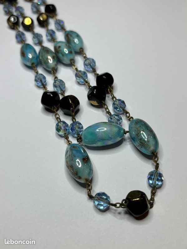 Collier Ancien En Pâte De Verre Turquoise - Perles Bleues, Style Vintage, Très Bon état