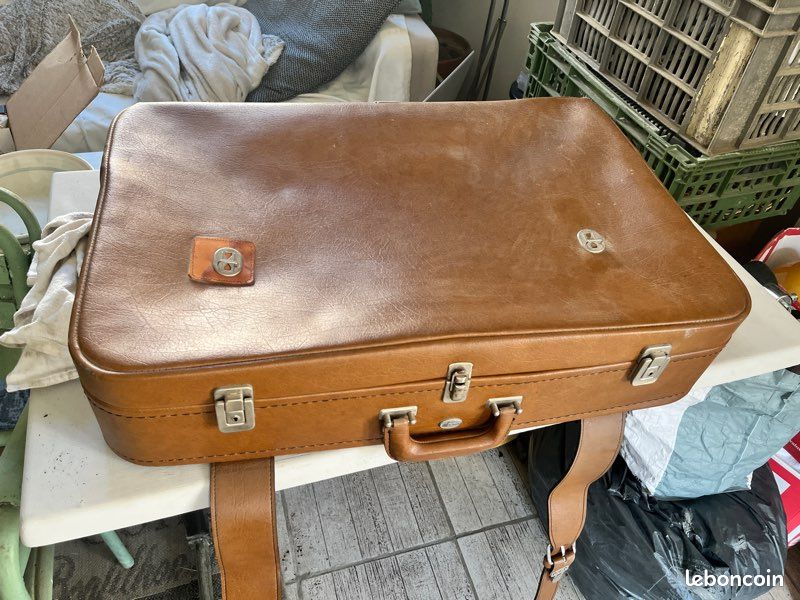 Valise en Tweed ou Vinyle Vintage - Marron et Moutarde - Années 70