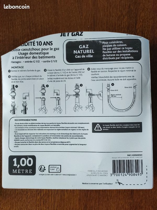 Tuyau flexible gaz de ville 1m neuf (image 3)