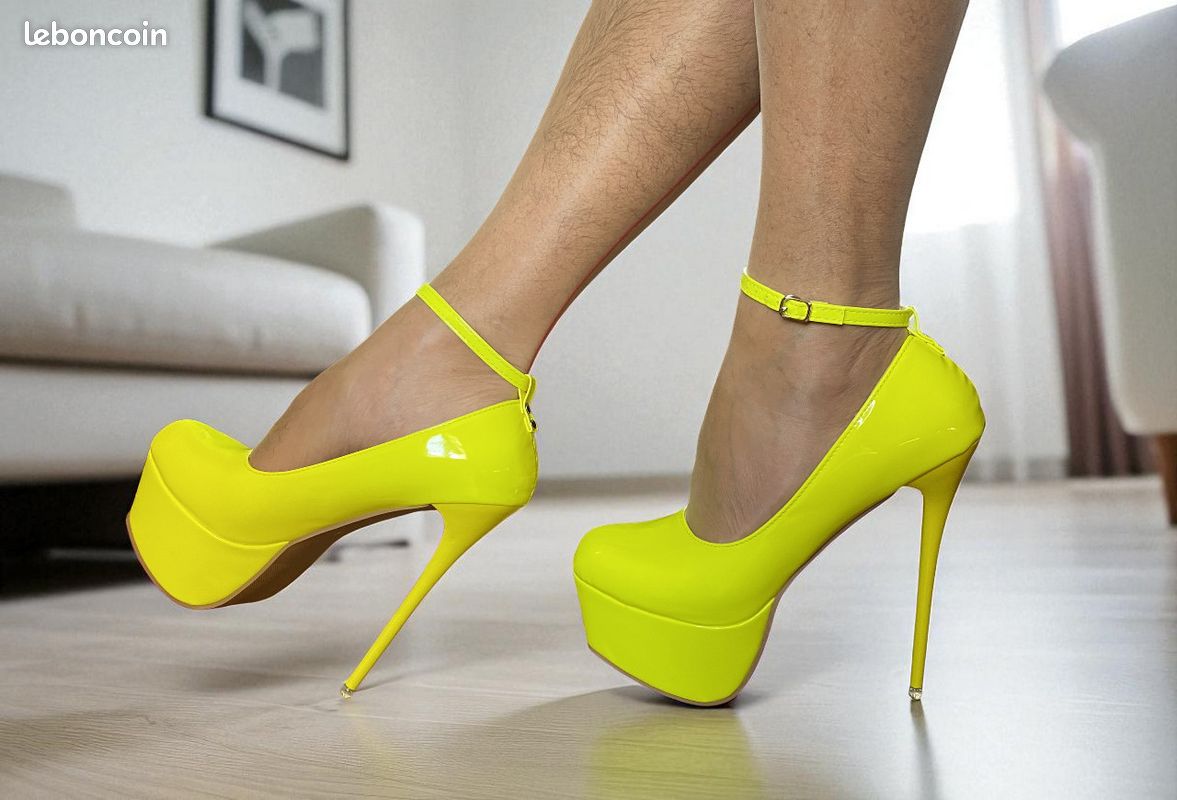 Escarpins pointure 44 jaune fluo bride de cheville talons hauts - Main Image