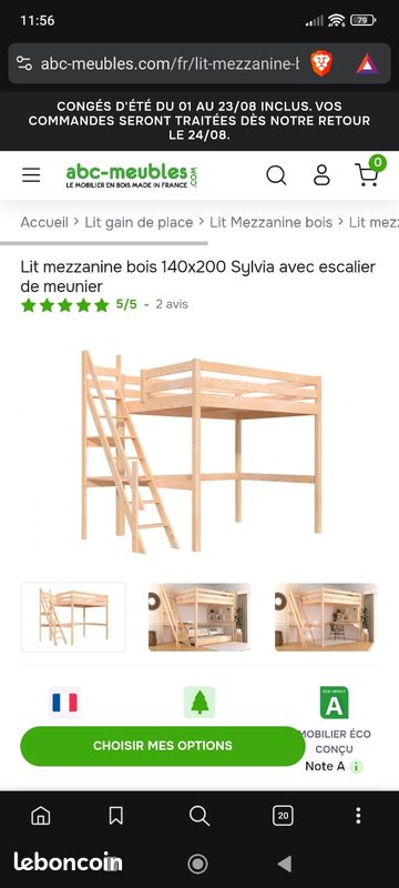 Lit mezzanine 140*200 blanc ABC meubles (image 6)