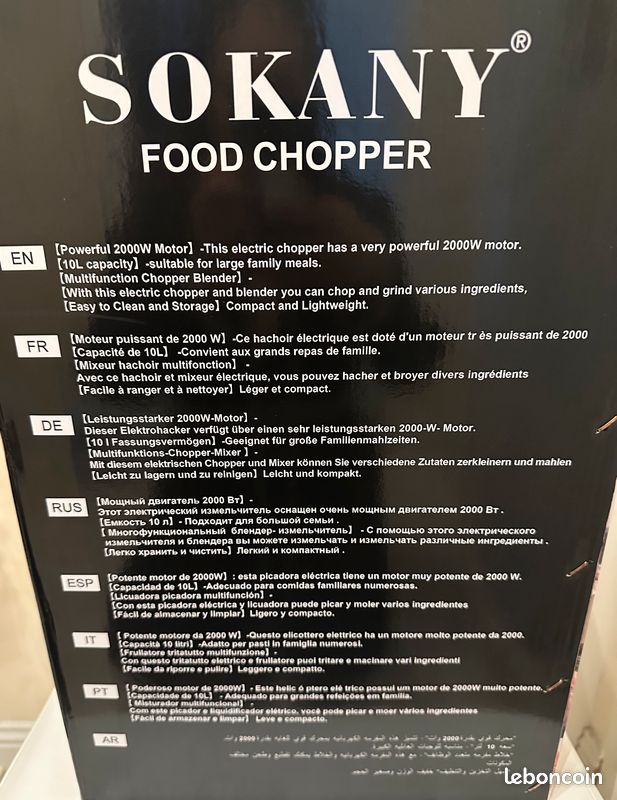 🔪 Robot Sokany Food Chopper – Capacité 10 L – 2000W - Électroménager