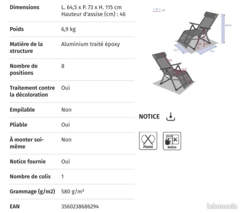 Fauteuil de jardin inclinable Decima lin & argile 8 positions en