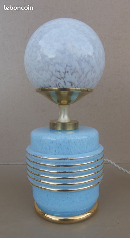 Lampe verre de Clichy bleu & boule blanche de bureau vintage luminaire ancien (image 6)