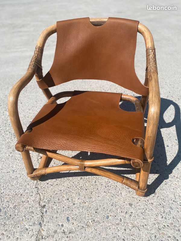 Fauteuil safari mid-century en bambou et cuir, danemark, 1960s (image 2)