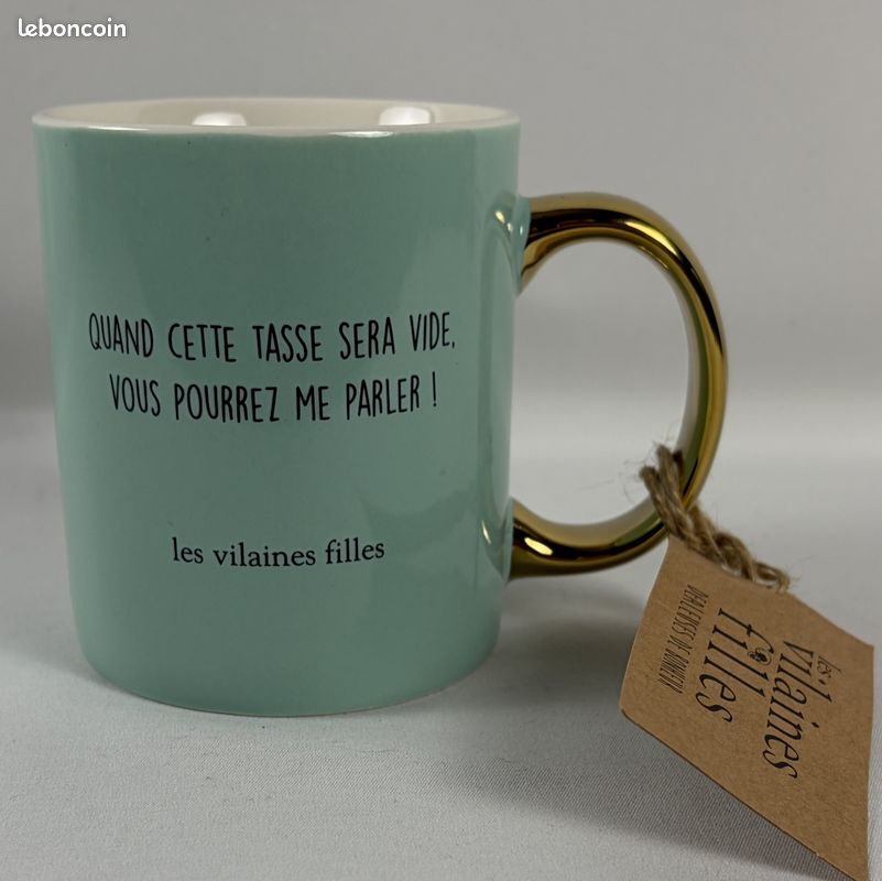 Mug Quand cette tasse sera vide Vous pourrez me parler Bleu turquoise Anse dorée Céramique grès D12 x H9,5 cm NEUF (image 2)
