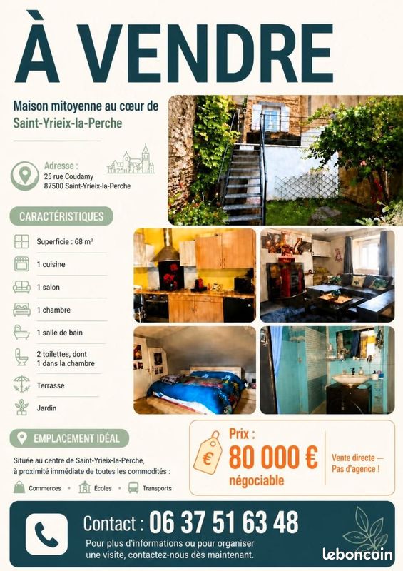 Maison 3 pièces 68 m² · à Saint-Yrieix-la-Perche · 68 m² · 80 000 €