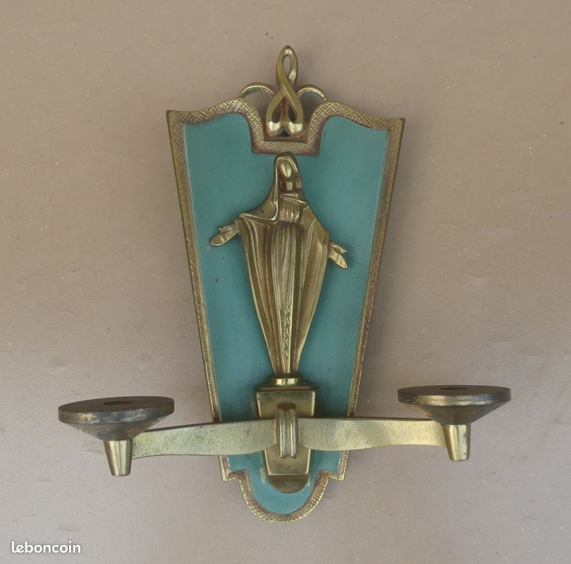 Ancien porte (pique) cierge Sainte Vierge Marie bronze patine verte art déco Vierge Miraculeuse dévotion christianisme (image 1)